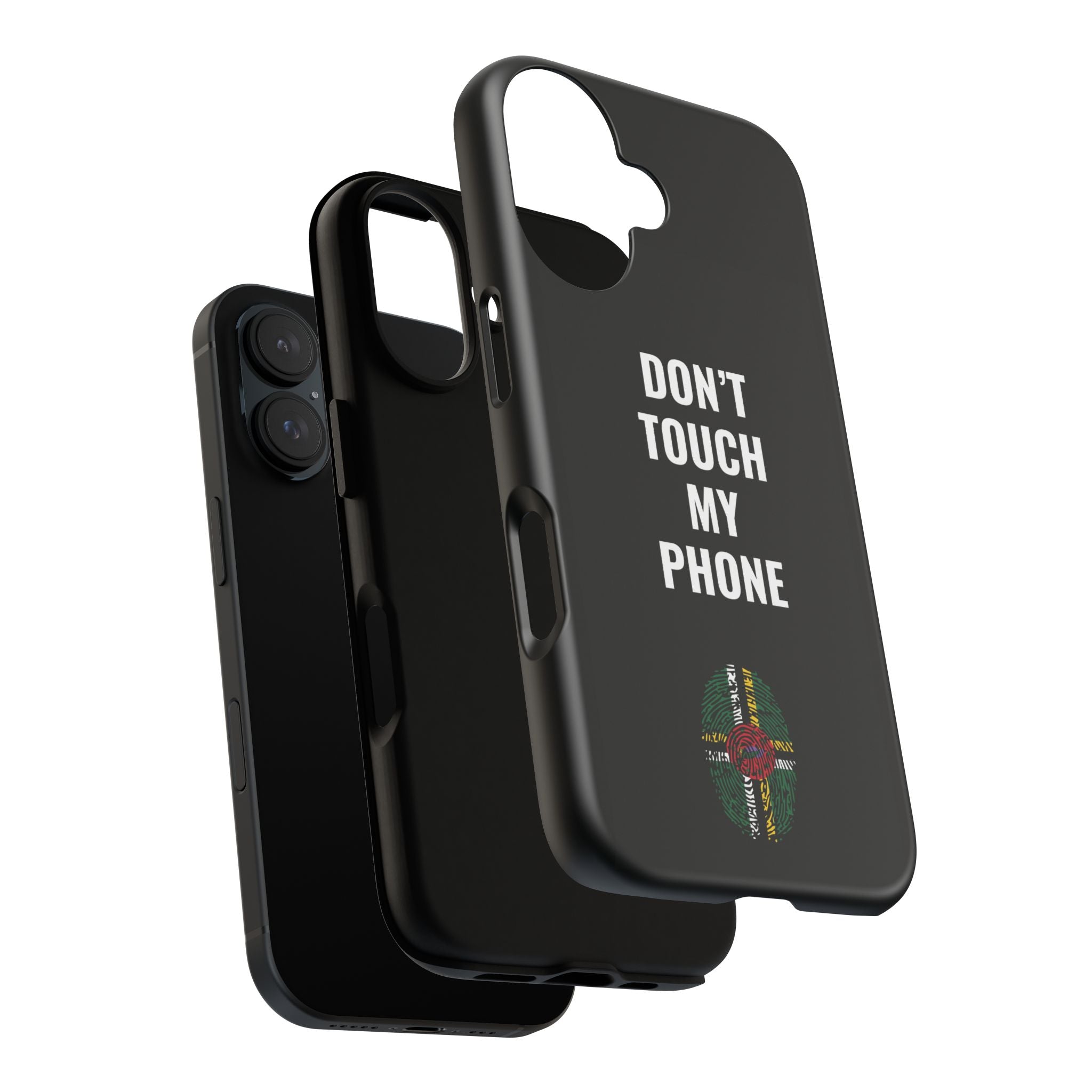 Don’t Touch My Phone – Dominica Flag Thumbprint Phone Case (Black)