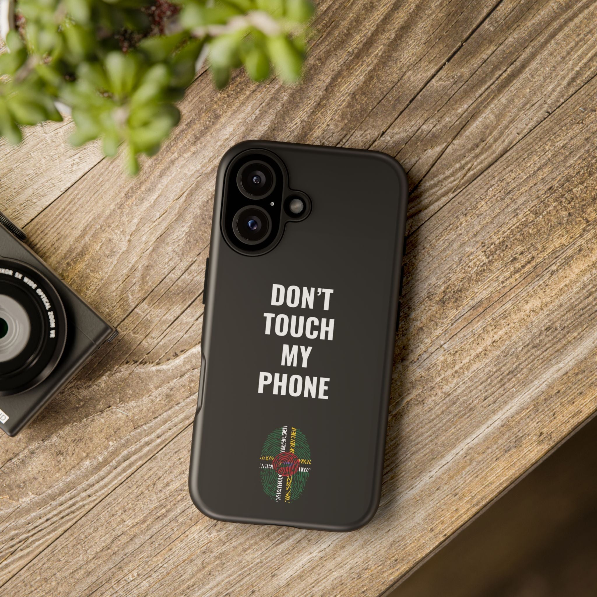Don’t Touch My Phone – Dominica Flag Thumbprint Phone Case (Black)