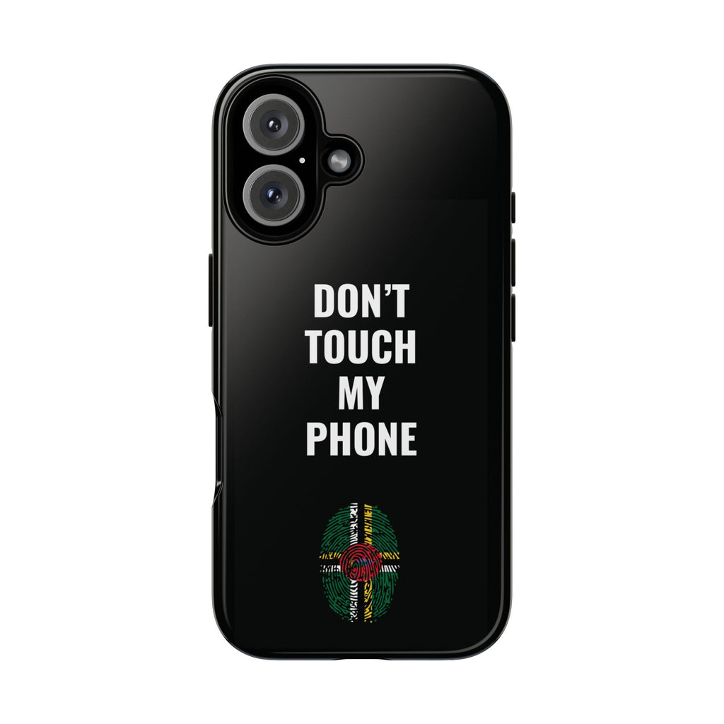 Don’t Touch My Phone – Dominica Flag Thumbprint Phone Case (Black)