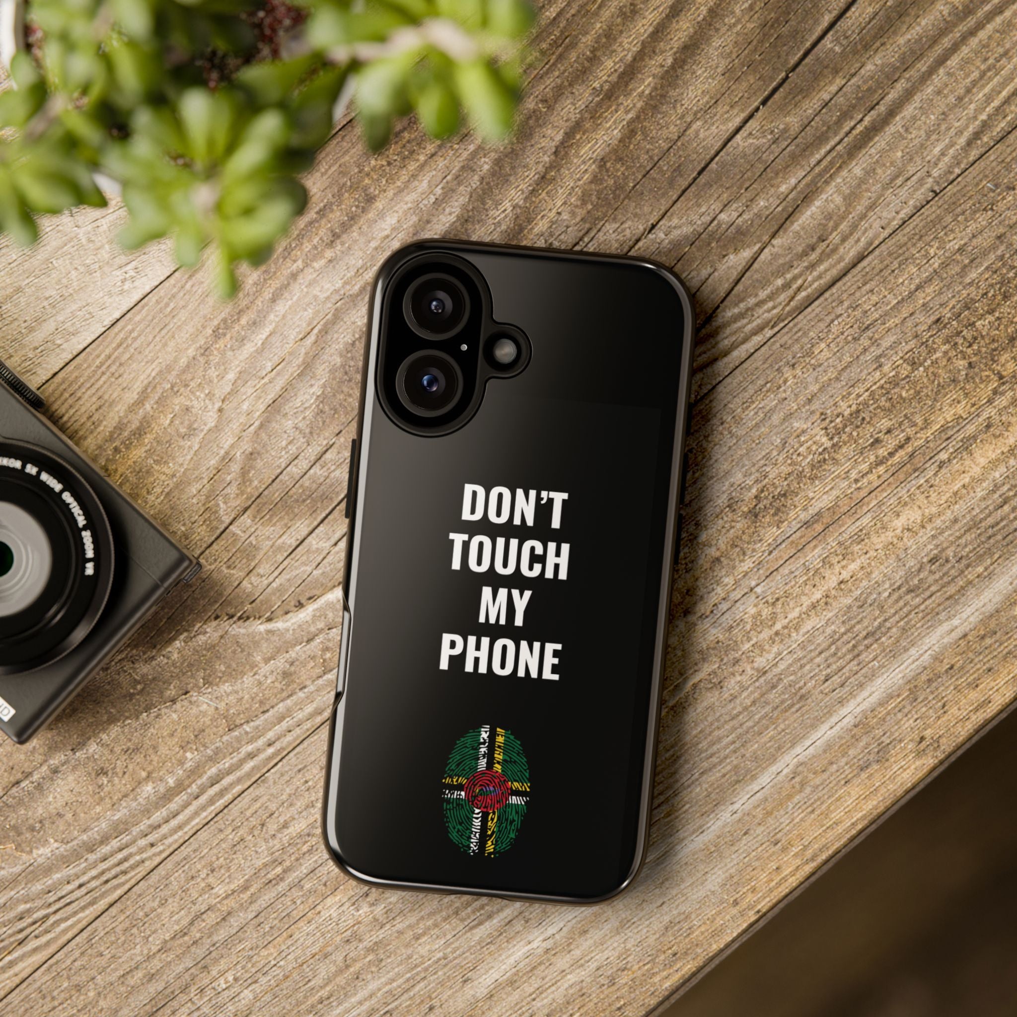 Don’t Touch My Phone – Dominica Flag Thumbprint Phone Case (Black)