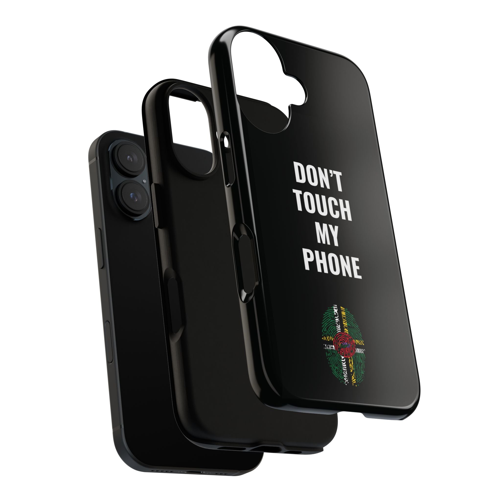Don’t Touch My Phone – Dominica Flag Thumbprint Phone Case (Black)