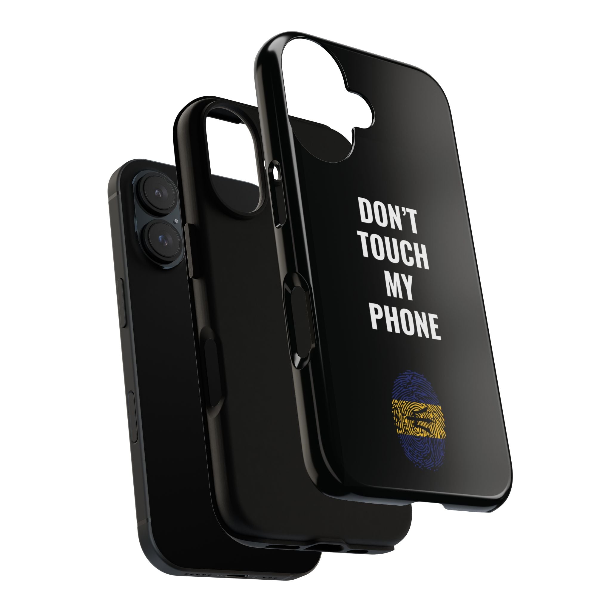 Don’t Touch My Phone – Barbados Flag Thumbprint Phone Case (Black)