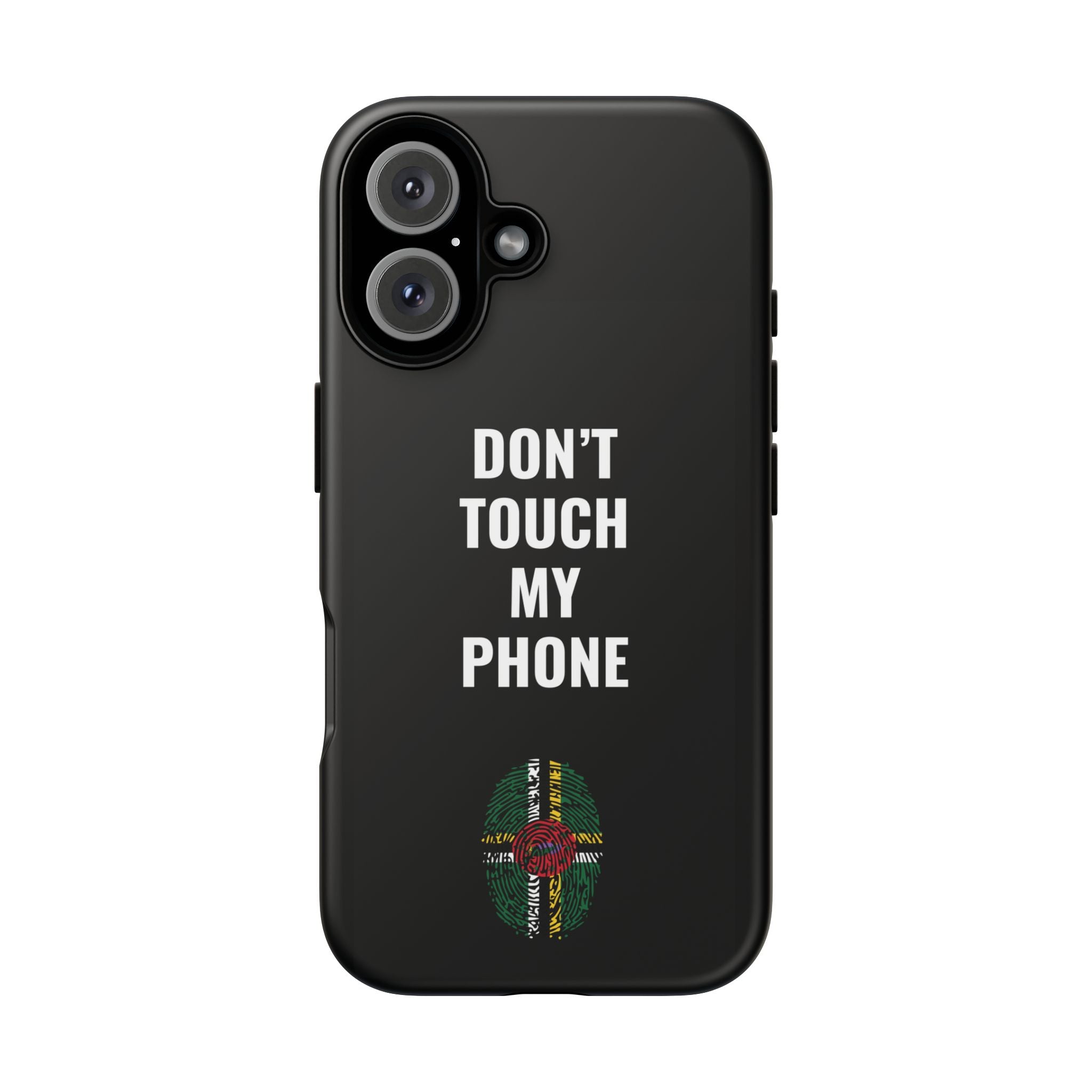 Don’t Touch My Phone – Dominica Flag Thumbprint Phone Case (Black)