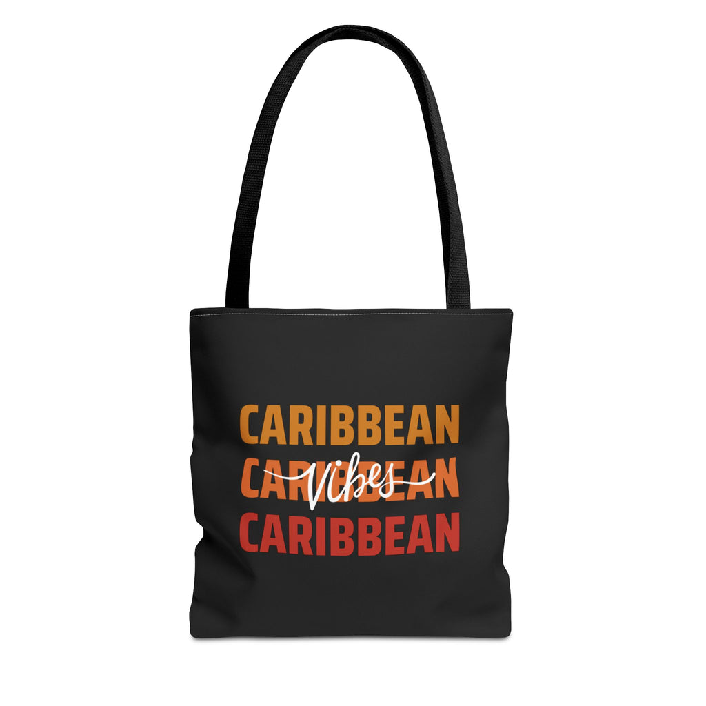Black tote bag with 'Caribbean Vibes' text in orange and red on a white background