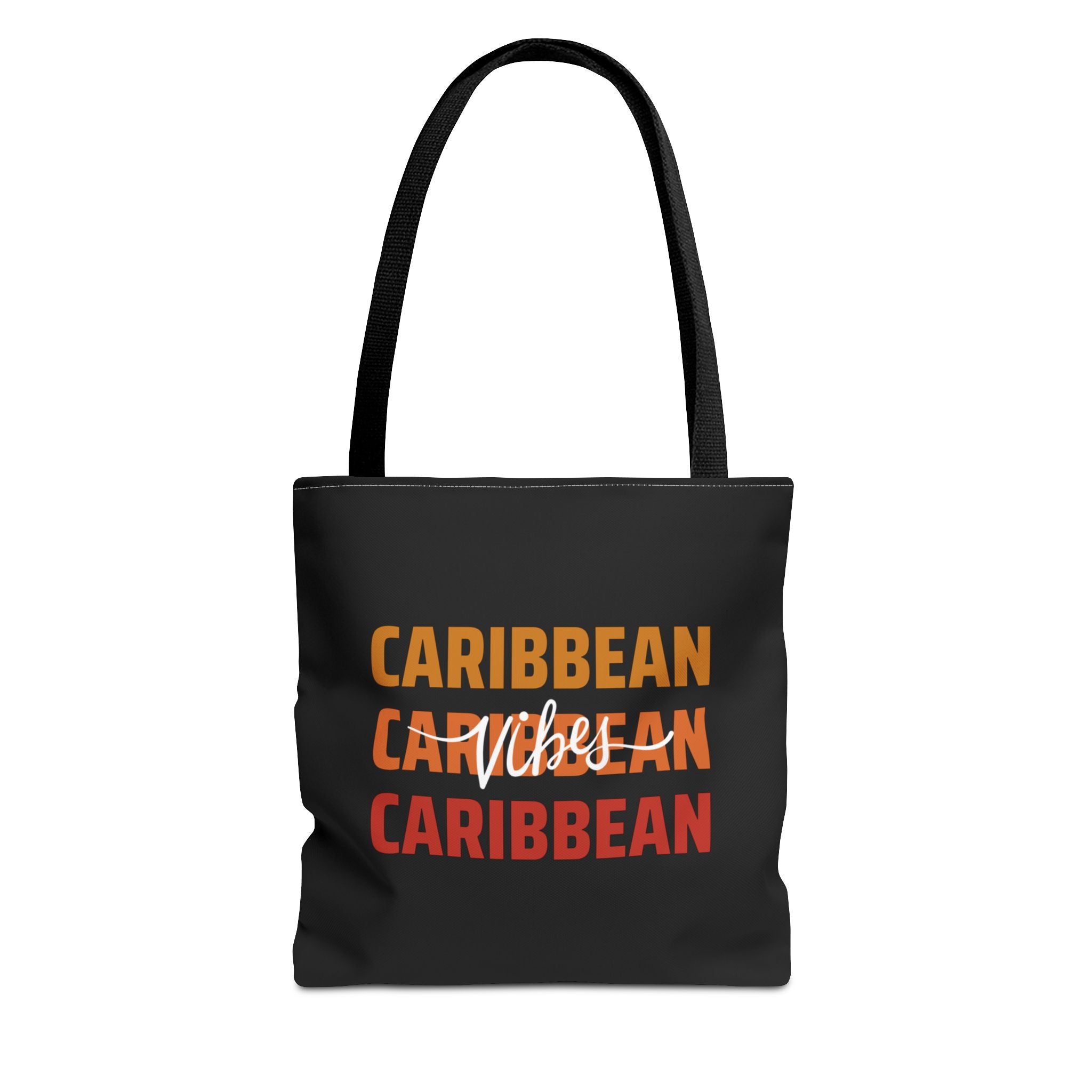 Black tote bag with 'Caribbean Vibes' text in orange and red on a white background
