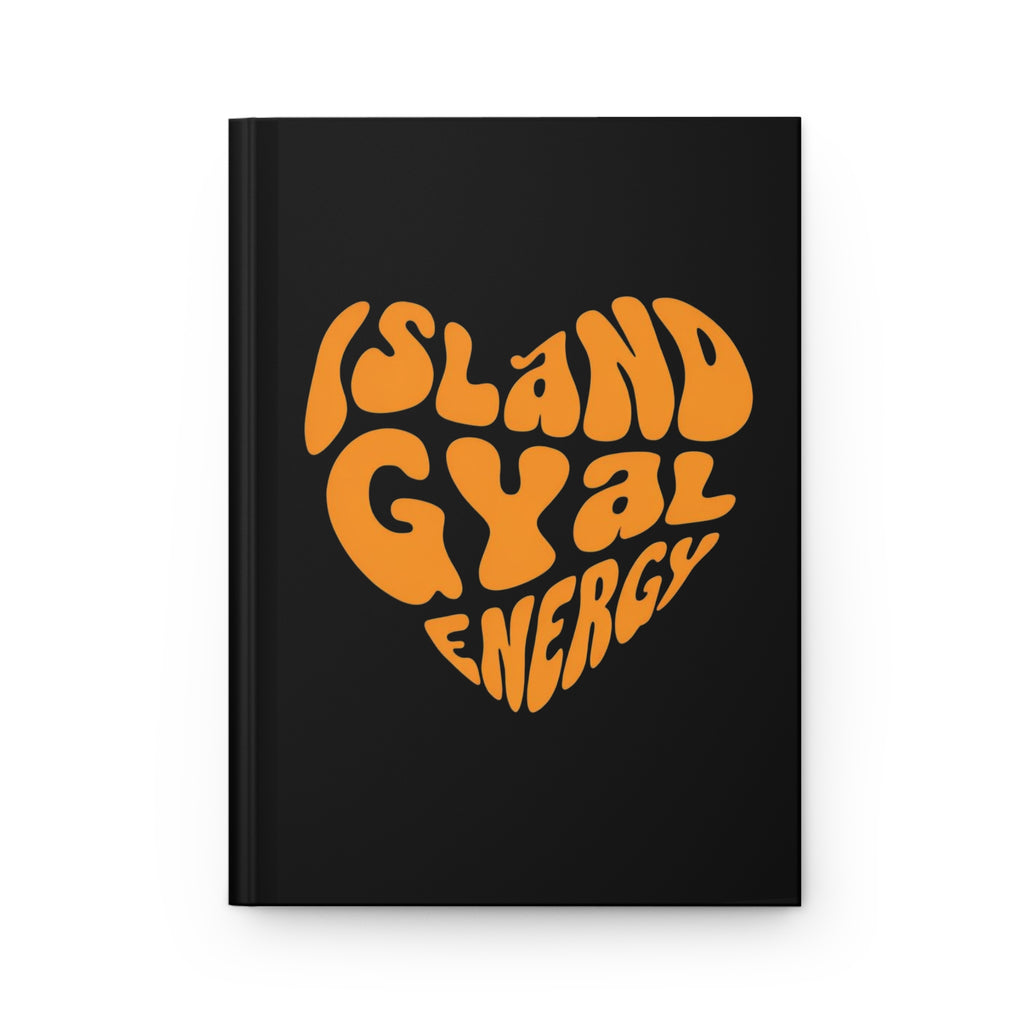 Black notebook with orange text 'ISLAND GYAL ENERGY' on a white background