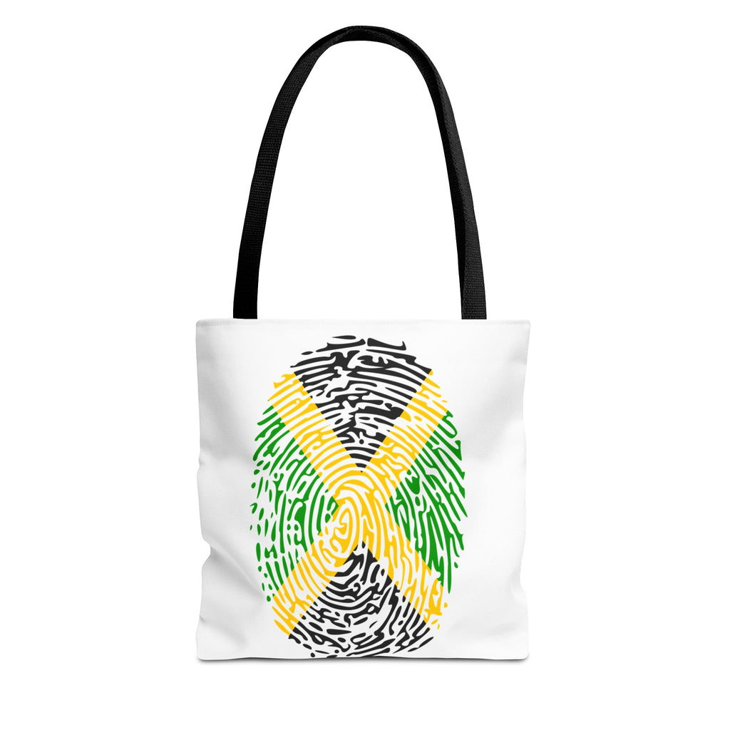 Tote bag with a Jamaica flag fingerprint design in black, yellow, and green on a white background