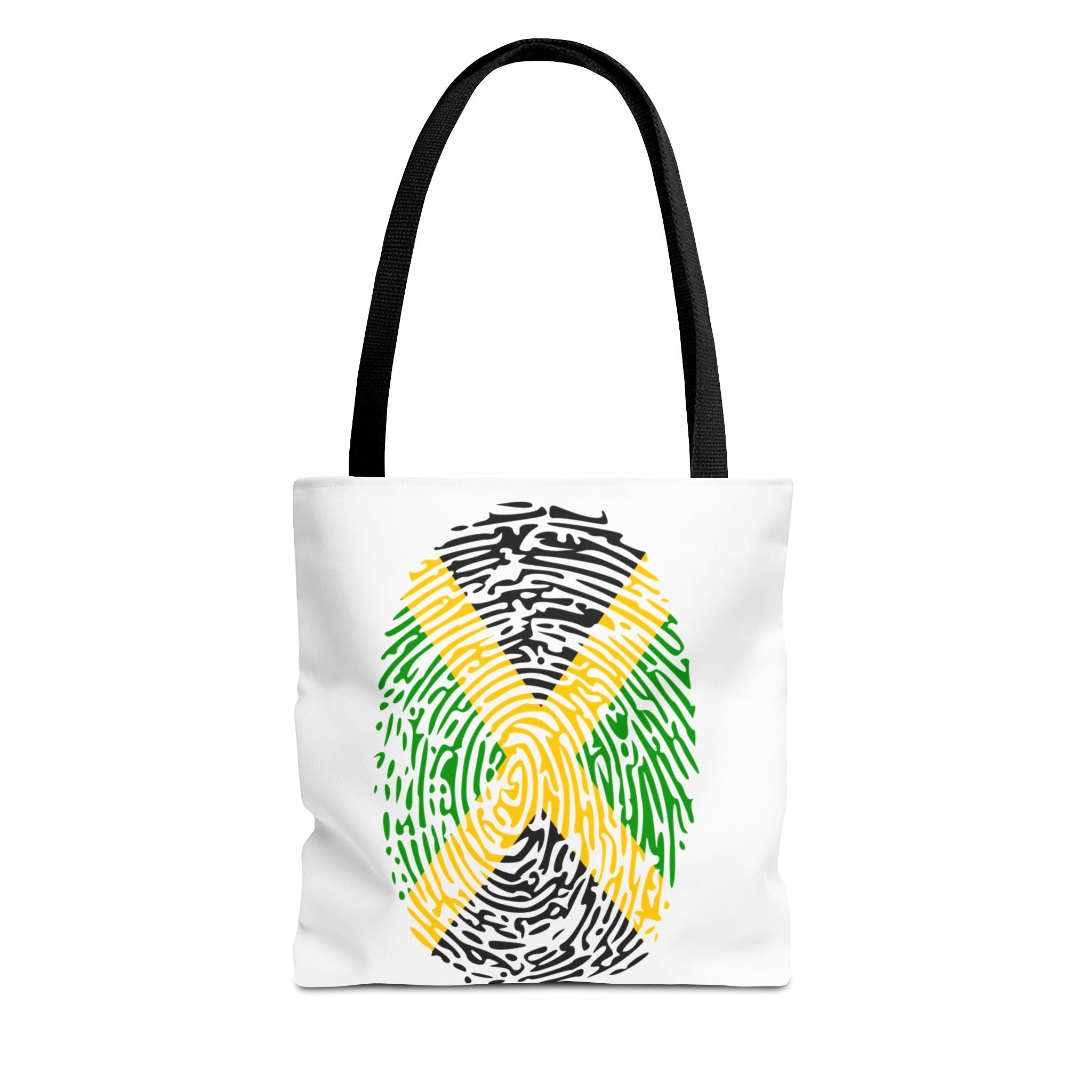 Tote bag with a Jamaica flag fingerprint design in black, yellow, and green on a white background