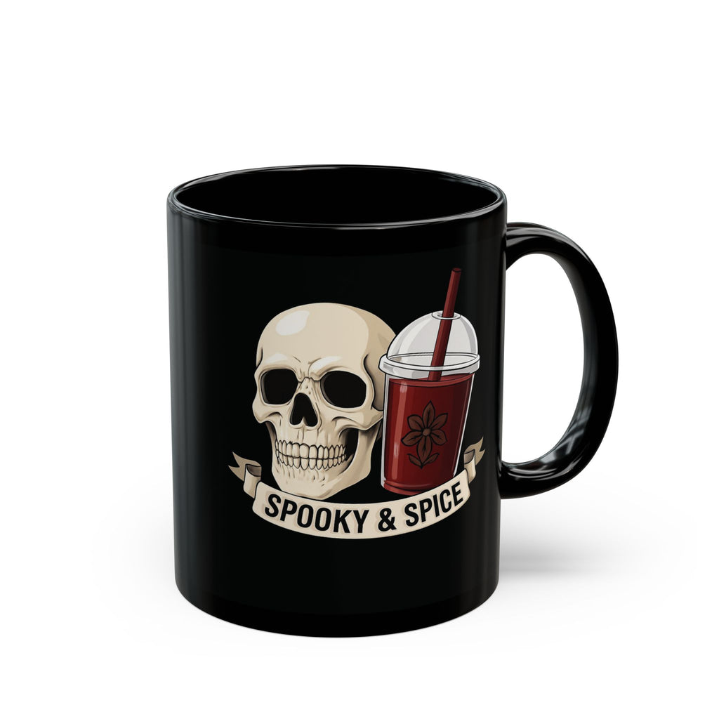 Black mug with skull and sorrel spice design, labeled 'Spooky & Spice', on a white background