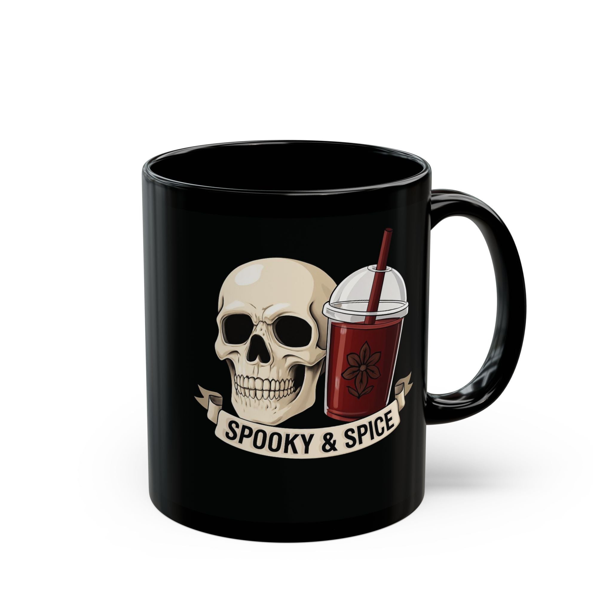 Black mug with skull and sorrel spice design, labeled 'Spooky & Spice', on a white background